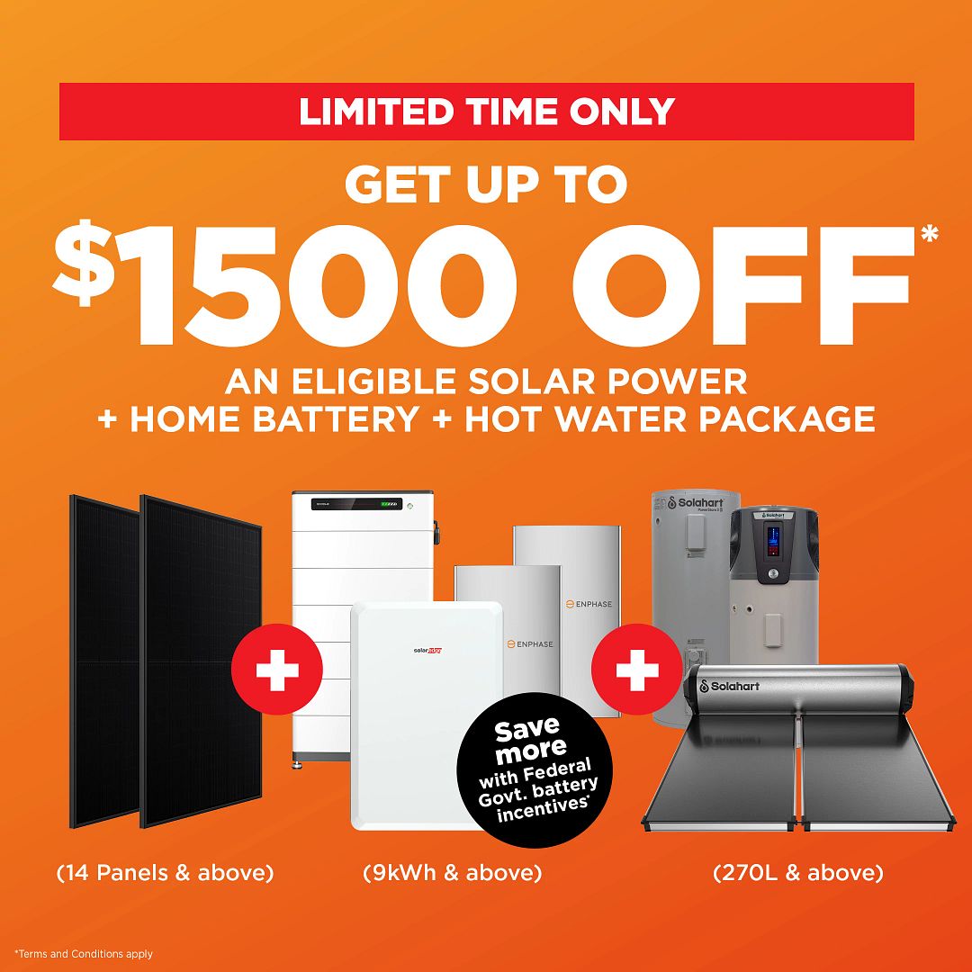 Get up to $1500 off an eligible home battery solar power hot water package from Solahart